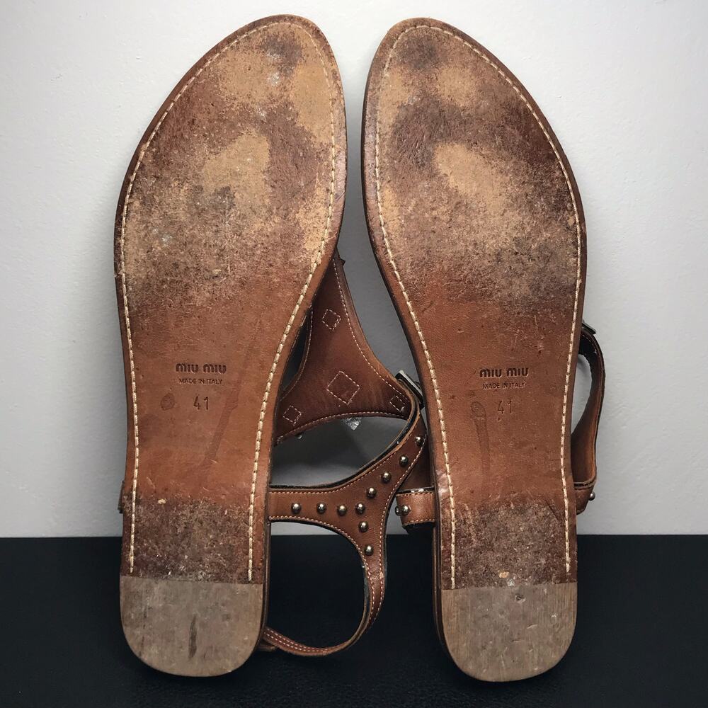 Miu Miu SZ 41 Brown Leather Thong Gladiator Sandals Pink Silver Pyramid Studs - Picture 13 of 13